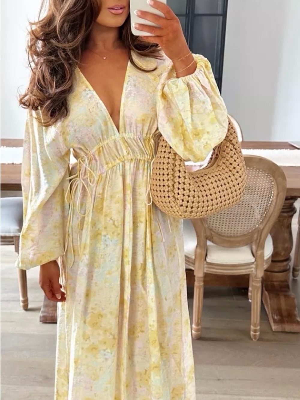 Women's Yellow Floral V-Neck Maxi Dress